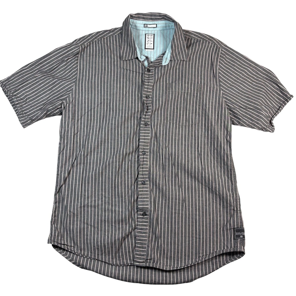 Billabong Mens XL Gray White Striped Short Sleeve Cotton Button Down Surf Shirt